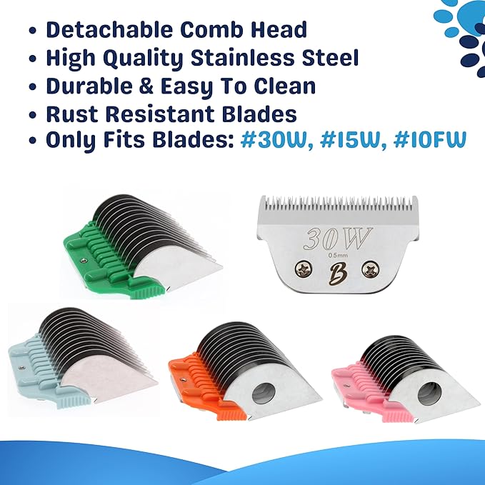 30 Wide Blade & 22mm 25mm 32mm 38mm Wide Clipper Guard Attachment Set for A5 Series Clippers| Stainless Steel Blade for Professional Dog Groomers| Snap-On/Off Design Wide Guard Combs for Dog Grooming