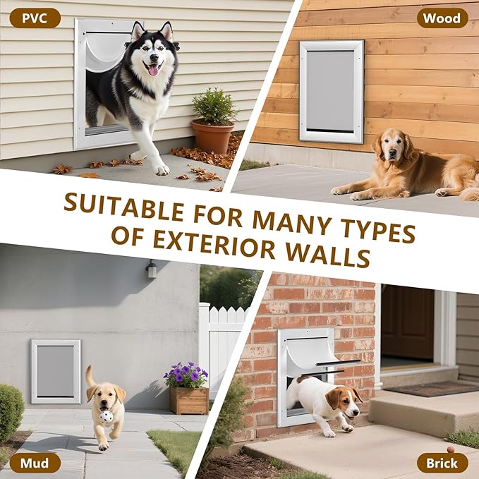 Ownpets Aluminum Large Dog Door for Wall and Door, Double Flap Energy Efficient, Lockable Pet Door, Heavy Duty Doggy Door for Dogs Up to 100lbs