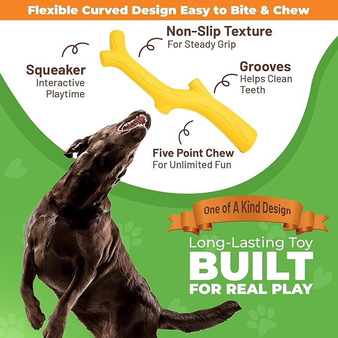 Natural Rubber Durable Dog Toys for Large & Medium Dogs Brown Bacon Flavored Curved Branch Shape Tough Chew Toy for Dogs Safe Tested & Non-Toxic Squeak Dog Toys (Yellow)