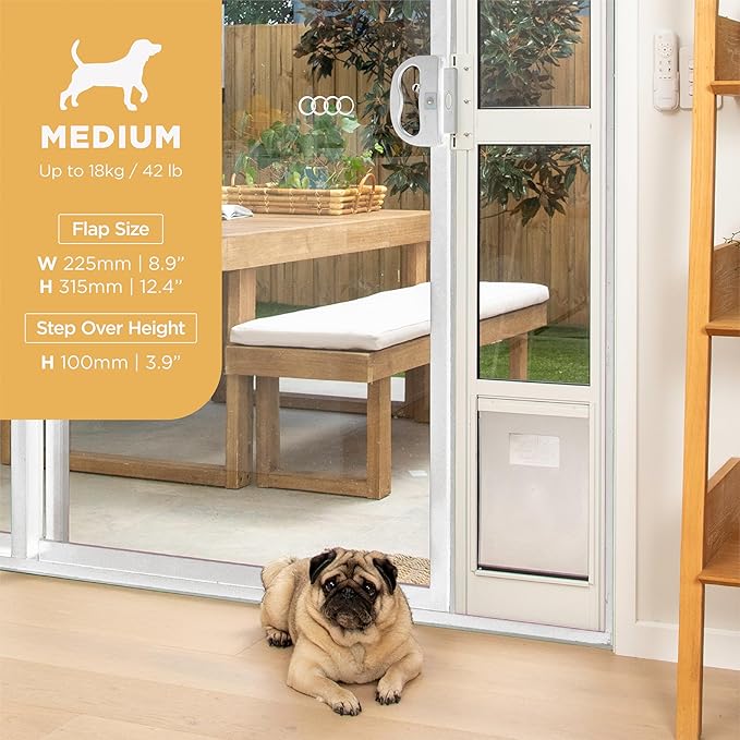 Hakuna Pets White Glass Patio Pet Door for Sliding Doors, Medium | Adjustable Height 77.2” – 83.5”, Damage-Free or Permanent Install, Locking Panel Included