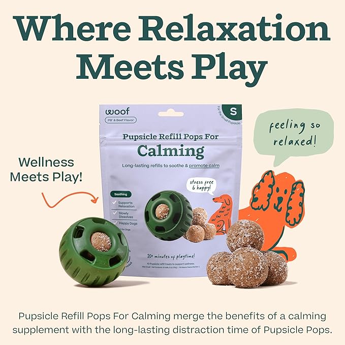 Woof Pupsicle Calming Starter Kit - Pupsicle and Calming Pops Bundle - Long-Lasting Interactive Dog Toy, Low-Mess Design - 10 Refills with Thiamine, Tryptophan, Passion Flower for Small Dogs 10-25 lbs