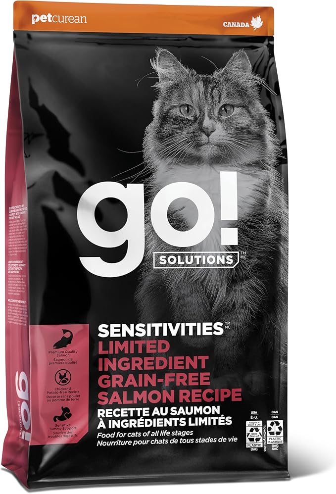Go! Solutions Sensitivities Limited Ingredient Salmon Grain-Free Dry Cat Food, Chicken-Free Kibble Made by Experts for Sensitive Stomachs & Food Allergies, for Kittens, Adults, & Seniors, 3 lb Bag