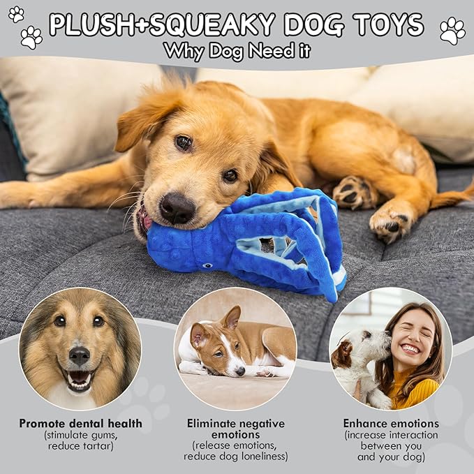 2 Pack Octopus Squesky Dog Toys for Large Medium Small Dogs, Stuffed and Tough Plush Dog Toys for Aggressive Chewers (Blue+Green)