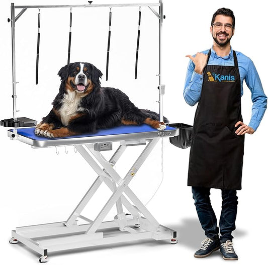 KANIS Professional Electric Dog Grooming Table - Heavy Duty, Height Adjustable Pet Grooming Table w/Leveling Wheels, Grooming Arm, Anti Slip Tabletop & Tool Organizer/Dog Grooming Station (49", WHITE)