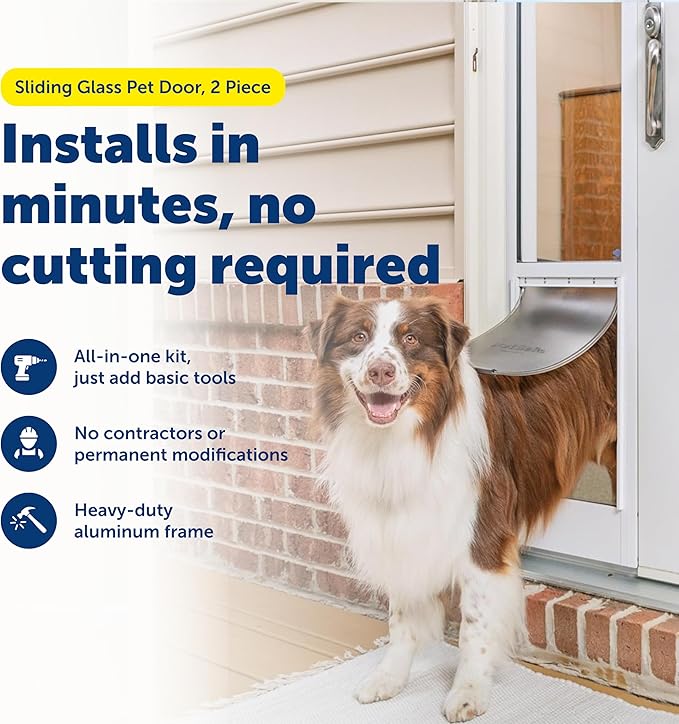 PetSafe 2-Piece Sliding Glass Pet Door - No-Cut DIY Install Doggy Door for Renters - Aluminum Frame - Adjustable Height 75 7/8" to 81" - Ideal for Large Dogs Up to 100 lbs
