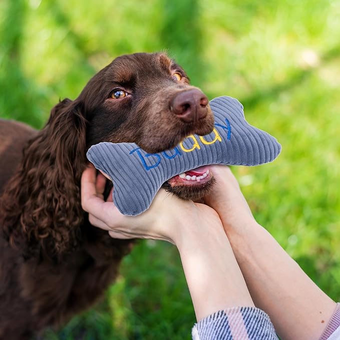 2026 Squeaky Dog Toys, Embroidered Bone Shape Blue Corduroy Pet Pillow 8"x5" with Black "Buddy" Text Cute Soft Cotton Filled Dog Chew Puzzle Toy Birthday Holiday Fun Gifts for Small Medium Large Dogs