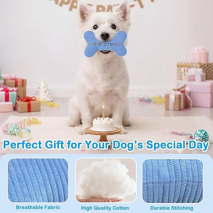 2026 Birthday Squeaky Dog Toys, Embroidered Bone Shape Blue Corduroy Pet Pillow 8"x5", Soft Cotton Filled Cute Fun Dog Chew Puzzle Toy Birthday Gifts for Small Medium Dogs(Happy Birthday)