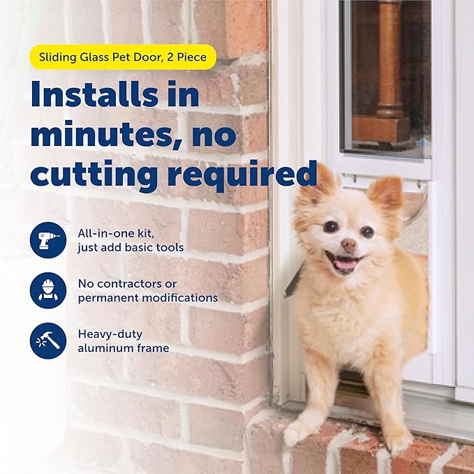 PetSafe 2-Piece Sliding Glass Pet Door - No-Cut DIY Install Doggy Door for Renters - Aluminum Frame - Adjustable Height 75 7/8" to 81" - Ideal for Small Dogs Up to 15 lbs
