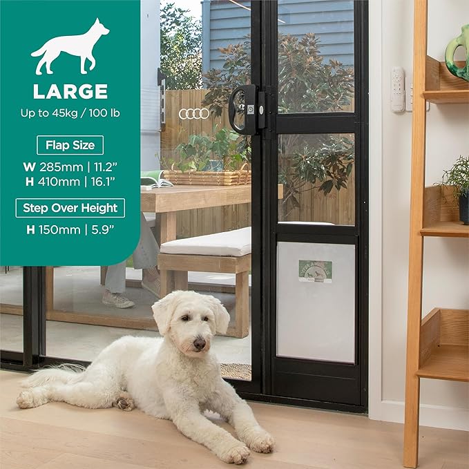 Hakuna Pets Black Glass Patio Pet Door for Sliding Doors, Large | Adjustable Height 77.2” – 83.5”, Damage-Free or Permanent Install, Locking Panel Included