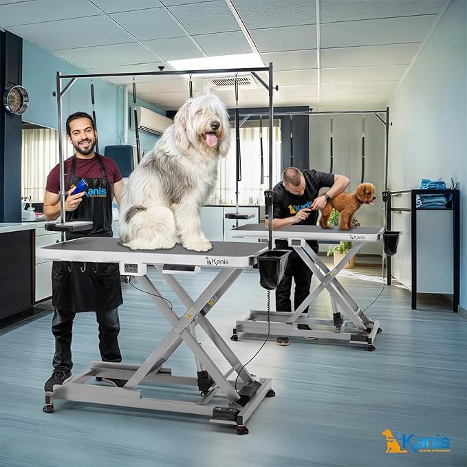 KANIS Professional Electric Dog Grooming Table - Heavy Duty, Height Adjustable Pet Grooming Table w/Leveling Wheels, Grooming Arm, Anti Slip Tabletop & Tool Organizer/Dog Grooming Station (49", Grey)