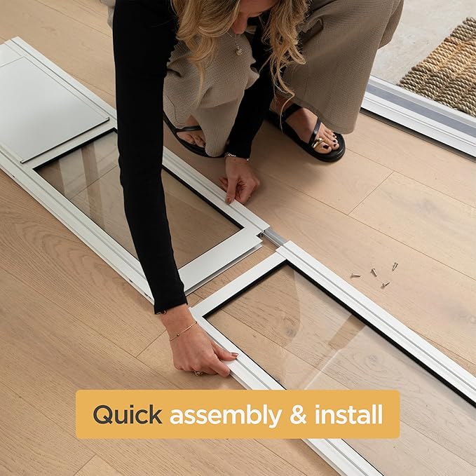Hakuna Pets White Glass Patio Pet Door for Sliding Doors, Medium | Adjustable Height 77.2” – 83.5”, Damage-Free or Permanent Install, Locking Panel Included