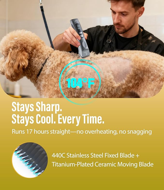 Professional Dog Grooming Clippers with 17H Runtime & Replaceable 440C Blade, 5-Speed Low Noise Electric Dog Shaver for Thick, Matted, Curly Hair, Cordless Clipper for Groomer & Home Use, Yellow