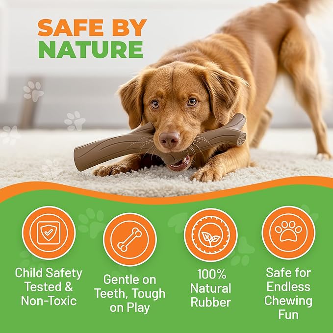 Natural Rubber Durable Dog Toys for Large & Medium Dogs Brown Bacon Flavored Curved Branch Shape Tough Chew Toy for Dogs Safe Tested & Non-Toxic Squeak Dog Toys (Brown)