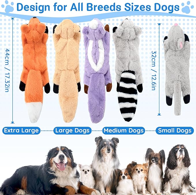 5-Pack Stuffless Dog Toys - Body No Stuffing, Lightly Filled Head, Fluff-Free & Squeaky Dog Toys with Treat Pocket for Aggressive Chewers Large Medium Small Dogs to Keep Them Busy