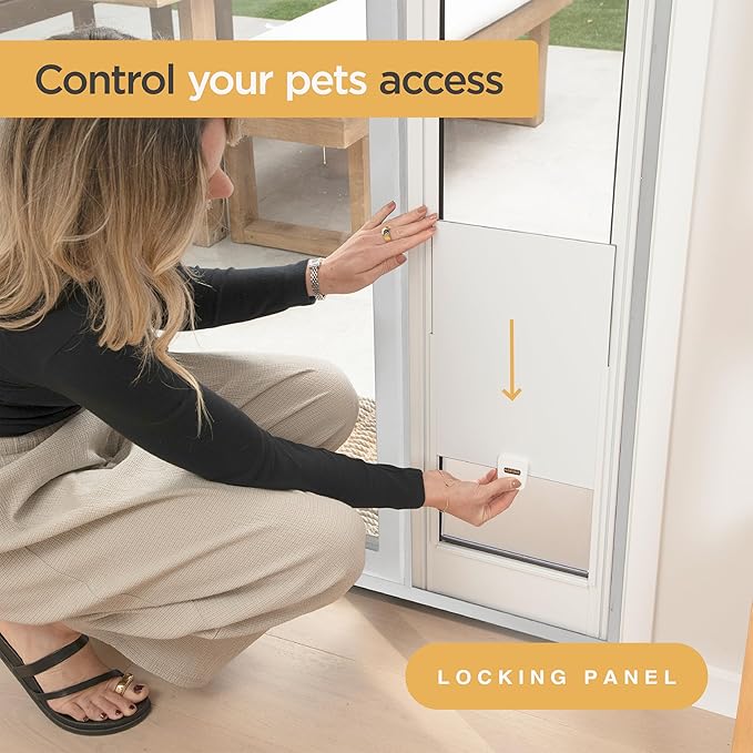 Hakuna Pets White Glass Patio Pet Door for Sliding Doors, Medium | Adjustable Height 77.2” – 83.5”, Damage-Free or Permanent Install, Locking Panel Included
