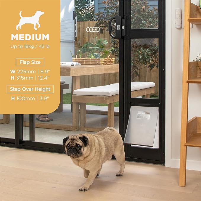 Hakuna Pets Black Glass Patio Pet Door for Sliding Doors, Medium | Adjustable Height 77.2” – 83.5”, Damage-Free or Permanent Install, Locking Panel Included