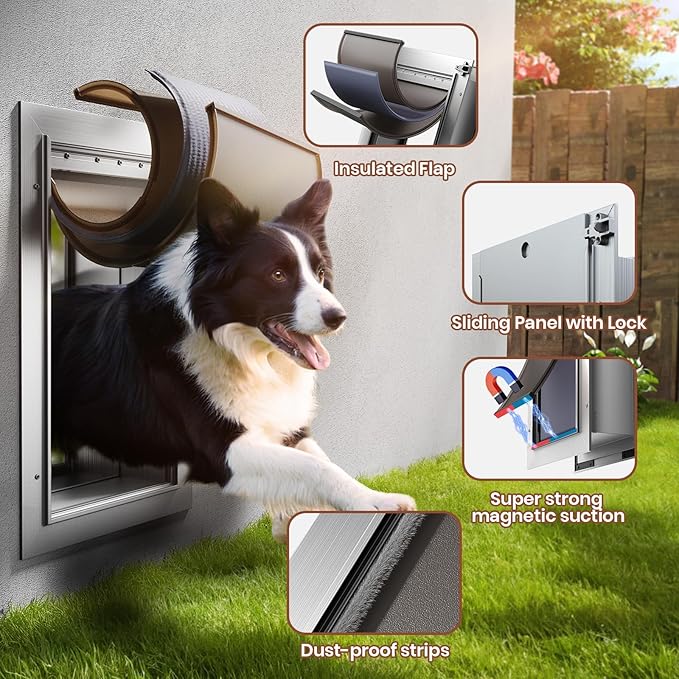 Dog Door for Wall, Large Dog Door with 3-Flap, Aluminum Doggie Door, Heavy Duty Pet Door with Lock, Telescoping Tunnel for Interior Exterior Wall, Pets Up to 110LB
