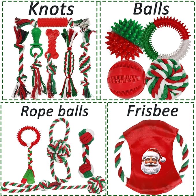 Christmas Dog Toys 15 Pack for Teeth Cleaning and Fun, Puppy Teething Chew Toy with Gift Box, Tug Rope Balls & Rubber Rings Bulk– Variety Dog Gifts Set Reduce Anxiety & Save Furniture
