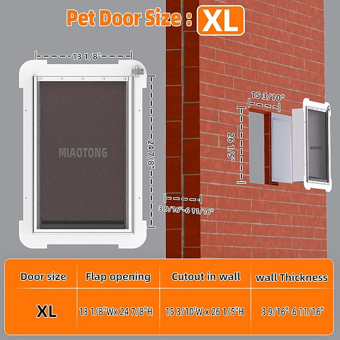 MIAOTONG 3-Flap Dog Door for Wall, Energy-Efficient Insulated Pet Door for Wall, Aluminum Lock Doggy Door for Wall,Steel Frame and Telescoping Tunnel Dog Doors (Pets Up to 220 Lb) -X-Large