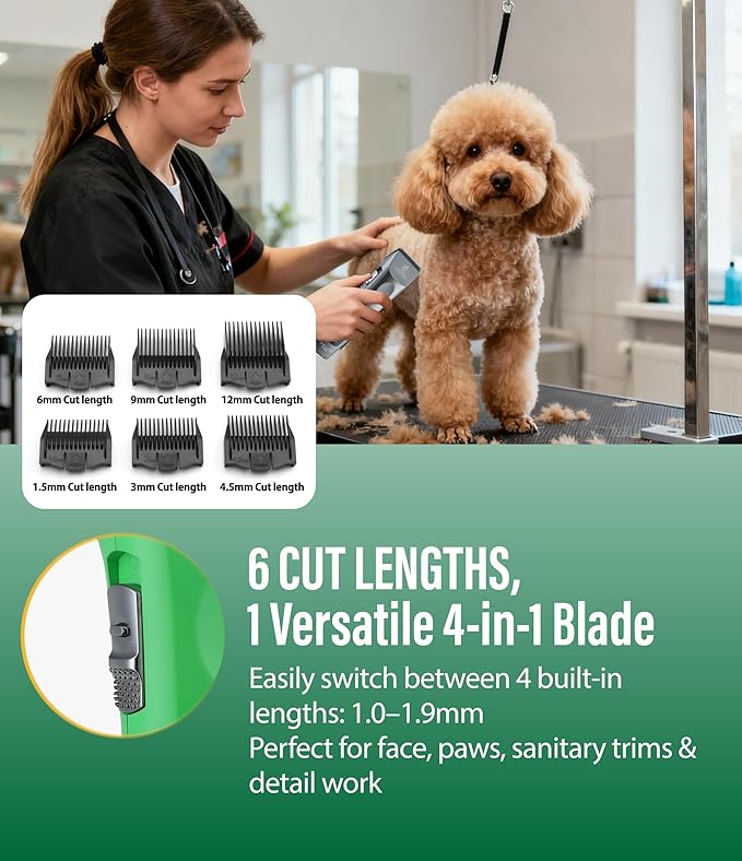 Professional Dog Grooming Clippers with 17H Runtime & Replaceable 440C Blade, 5-Speed Low Noise Electric Dog Shaver for Thick, Matted, Curly Hair, Cordless Clipper for Groomer & Home Use, Green