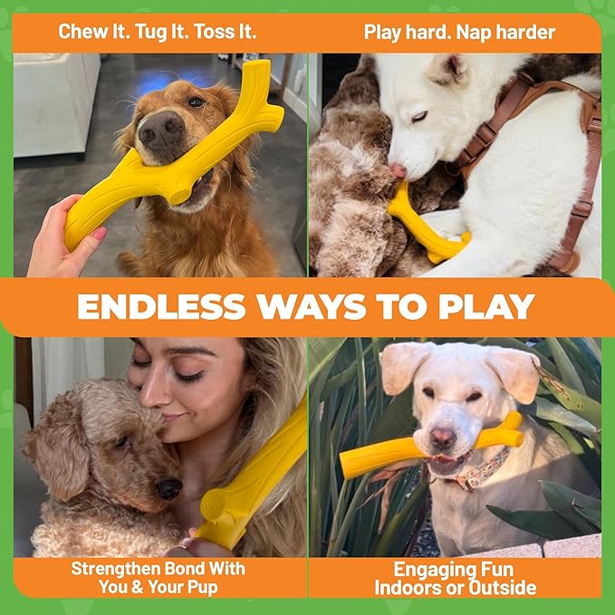 Natural Rubber Durable Dog Toys for Large & Medium Dogs Brown Bacon Flavored Curved Branch Shape Tough Chew Toy for Dogs Safe Tested & Non-Toxic Squeak Dog Toys (Yellow)
