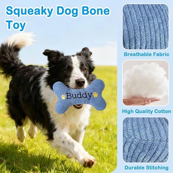 2026 Squeaky Dog Toys, Embroidered Bone Shape Blue Corduroy Pet Pillow 8"x5" with Black "Buddy" Text Cute Soft Cotton Filled Dog Chew Puzzle Toy Birthday Holiday Fun Gifts for Small Medium Large Dogs