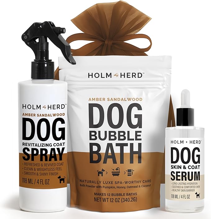 Amber Sandalwood Dog Care Gift Bundle – 3 Piece Grooming Set with Bubble Bath Shampoo Alternative, Deodorizing Coat Spray & Moisturizing Serum – Luxury Dog Spa Kit & Grooming Gift (Amber Sandalwood)