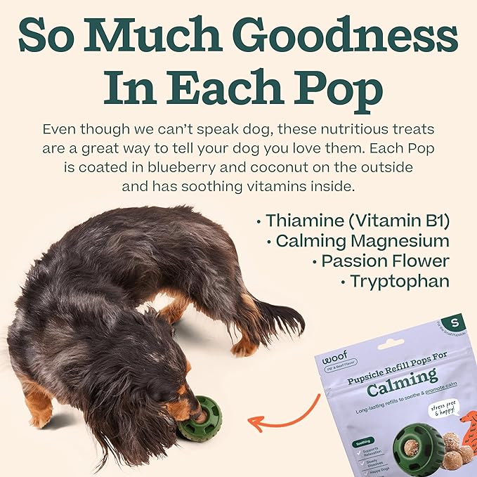 Woof Pupsicle Calming Starter Kit - Pupsicle and Calming Pops Bundle - Long-Lasting Interactive Dog Toy, Low-Mess Design - 10 Refills with Thiamine, Tryptophan, Passion Flower for Small Dogs 10-25 lbs