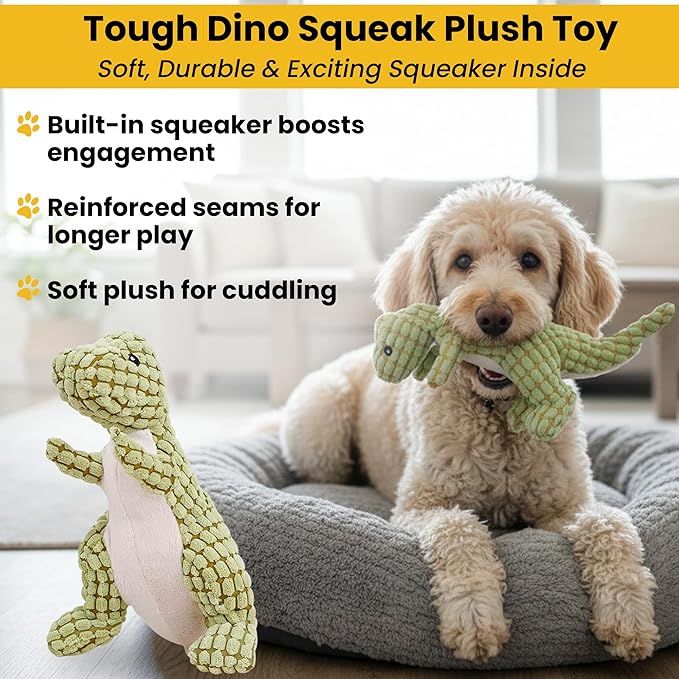 Fur4Fun 3-in-1 Interactive Dog Toy Play Set for Small & Medium Dogs – Self Rolling Ball, Durable Rubber Chew Bone & Squeaky Plush Dinosaur