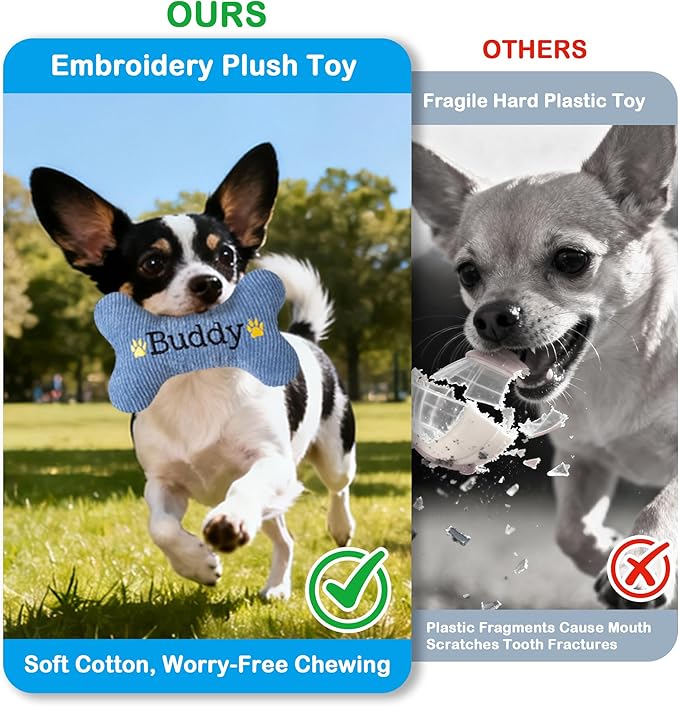 2026 Squeaky Dog Toys, Embroidered Bone Shape Blue Corduroy Pet Pillow 8"x5" Cute Soft Cotton Filled Dog Chew Puzzle Toy Birthday Holiday Fun Gifts Contrast "Buddy" Text for Small Medium Large Dogs