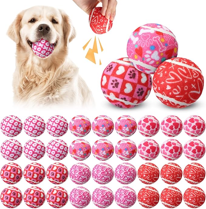 36 Pcs Valentine Dog Toys: Interactive Squeaky Tennis Balls Gifts for Small Medium Large Dogs Pets - 2.5 Inch Fetch Toys for Aggressive Chewer Training Catching Teething