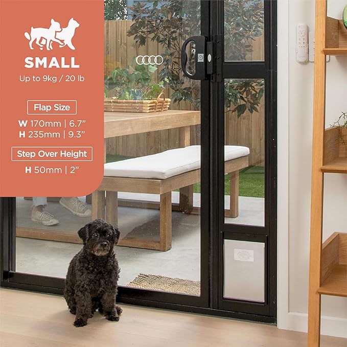 Hakuna Pets Black Glass Patio Pet Door for Sliding Glass Doors, Small | Min Height 77.2” – 83.5”, Damage-Free or Permanent Installation, Durable Aluminum Frame, Locking Panel Included