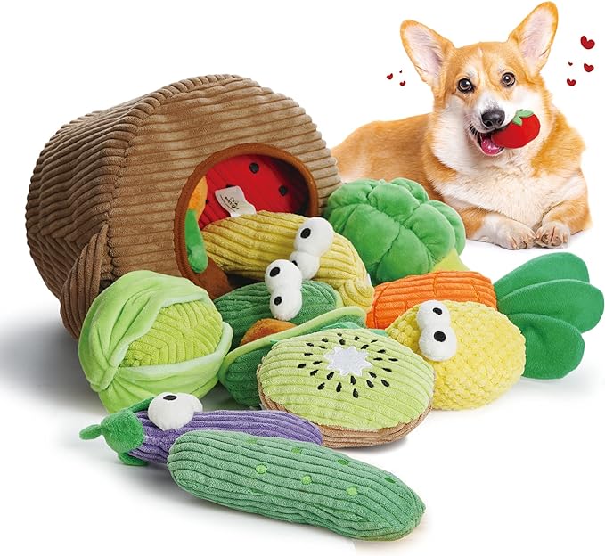 Nocciola Small Squeaky Crinkle Dog Toys- 15 Packs Grocery Basket Fruits Veggies Puppy Toys to Keep Busy, Cute Durable Plush Stuffed Hide Seek Cognitive Dog Christmas Stocking Stuffers