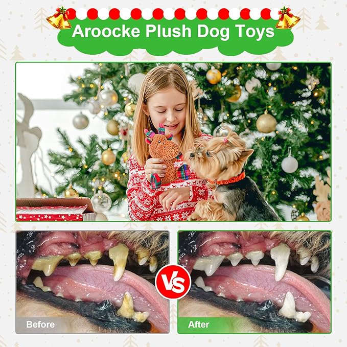 Christmas Dog Toys,2 Packs of Cute Santa Claus and Reindeer Shapes,Squeaky Plush Interactive Chew Pet Toys,Gifts for Small Medium and Large Dogs