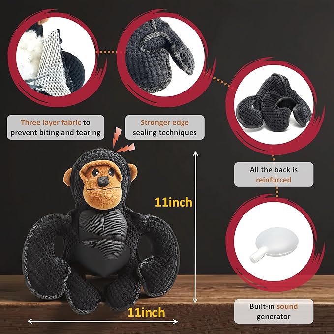 Plush Stuffed Squeaky Dog Toys, Tough Dog Toy Large Breed, Dog Chew Toys for Large Dogs,Chew Dog Toys to Keep Them Busy,11" x 11" Gorilla