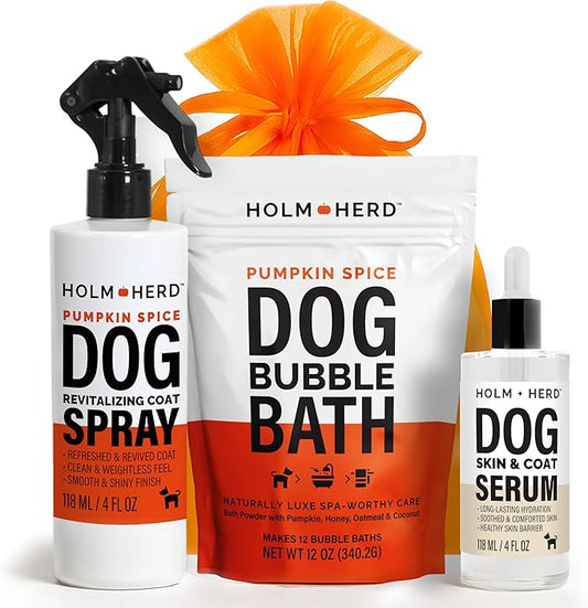 Pumpkin Spice Dog Care Gift Bundle – 3 Piece Grooming Set with Bubble Bath Shampoo Alternative, Deodorizing Coat Spray & Moisturizing Serum – Luxury Spa Kit & Fall Dog Gift (Pumpkin Spice)