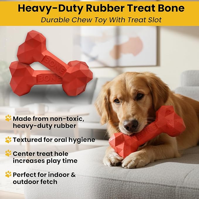 Fur4Fun 3-in-1 Interactive Dog Toy Play Set for Small & Medium Dogs – Self Rolling Ball, Durable Rubber Chew Bone & Squeaky Plush Dinosaur