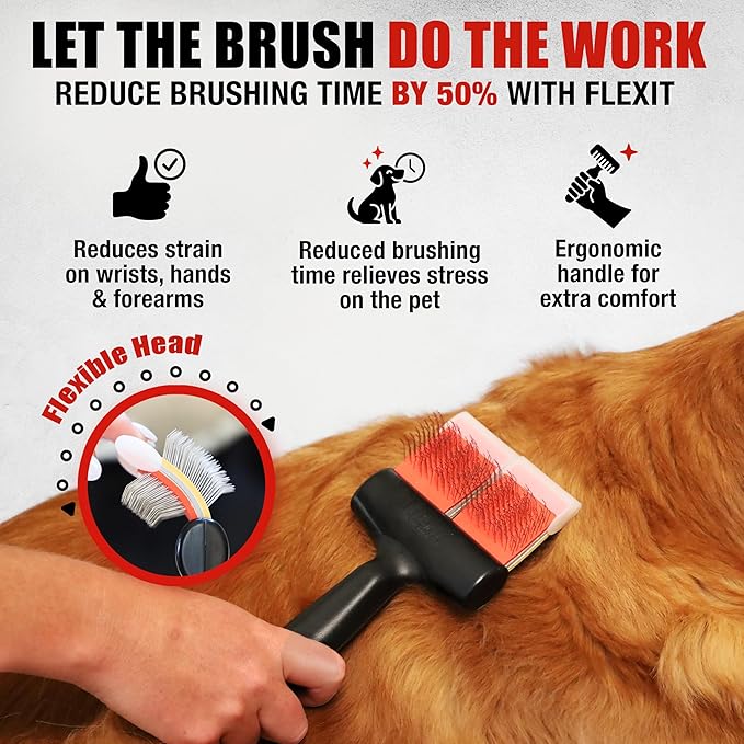 FlexIt Flexible Slicker Brush for Dogs - Professional 3-in-1 System & Video Trainings - Dual-Sided Dematting, Undercoating & Finishing Dog Grooming Brush by Groomers Helper (Single, Firm Flex)
