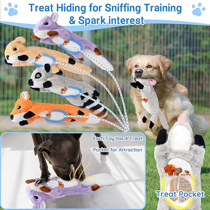 5-Pack Stuffless Dog Toys - Body No Stuffing, Lightly Filled Head, Fluff-Free & Squeaky Dog Toys with Treat Pocket for Aggressive Chewers Large Medium Small Dogs to Keep Them Busy