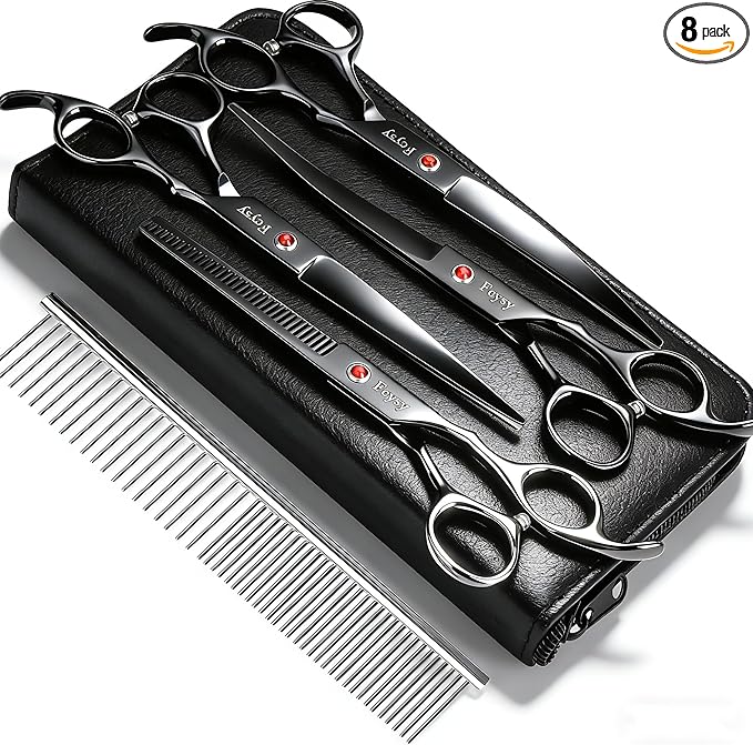 Dog Grooming Scissors Kit, Fcysy Professional Pet Hair Cutting Shears Set with Curved & Straight Blades Scissors Thinning Shears– Stainless Steel Grooming Tools for Dogs & Cats at Home
