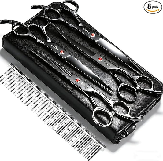 Dog Grooming Scissors Kit, Fcysy Professional Pet Hair Cutting Shears Set with Curved & Straight Blades Scissors Thinning Shears– Stainless Steel Grooming Tools for Dogs & Cats at Home