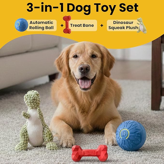 Fur4Fun 3-in-1 Interactive Dog Toy Play Set for Small & Medium Dogs – Self Rolling Ball, Durable Rubber Chew Bone & Squeaky Plush Dinosaur