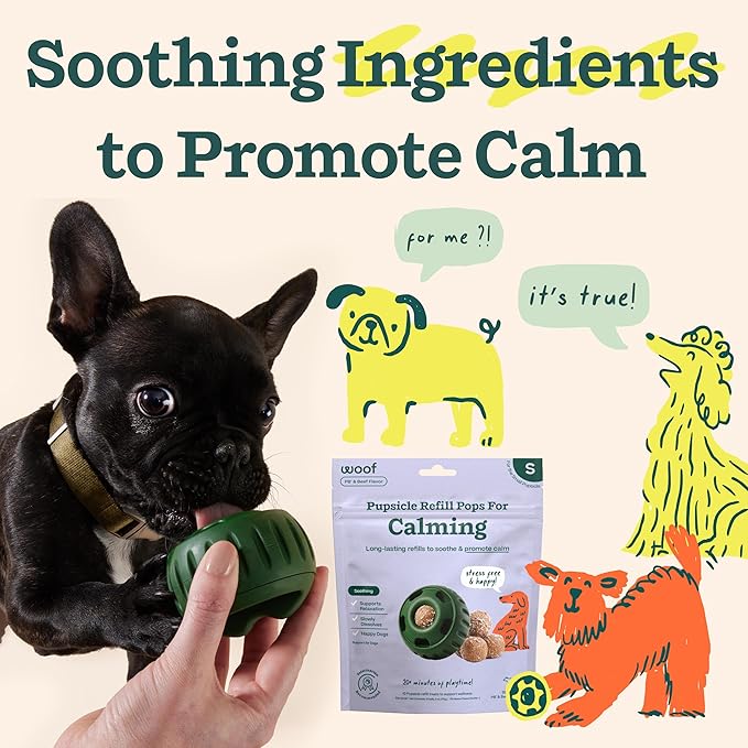 Woof Pupsicle Calming Starter Kit - Pupsicle and Calming Pops Bundle - Long-Lasting Interactive Dog Toy, Low-Mess Design - 10 Refills with Thiamine, Tryptophan, Passion Flower for Small Dogs 10-25 lbs