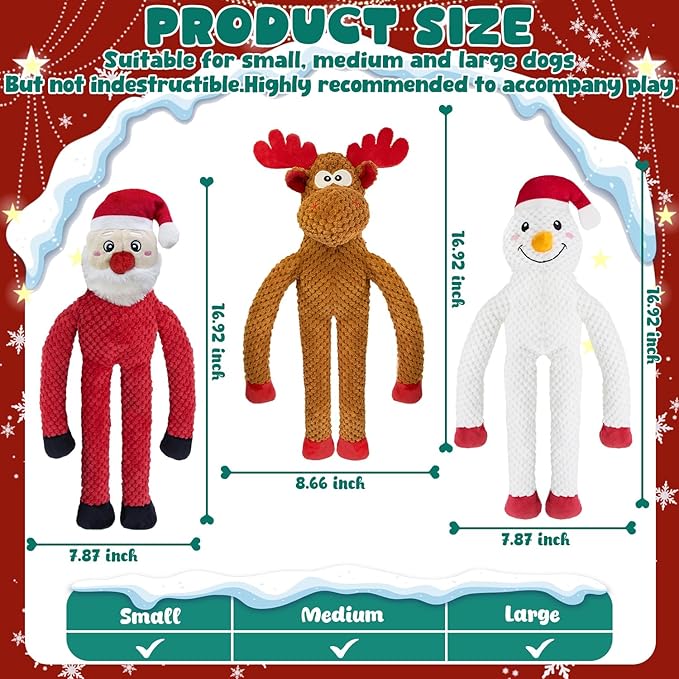 Christmas Squeaky Dog Toys no Stuffing 3-Pack Interactive Dog Toy for Puppy Teething Chew Toy Deer Snowman Santa Claus with Crinkle Paper Tail Keep Them Busy, for Large Medium Small Breeds