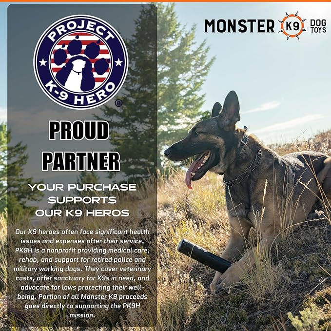 Monster K9 Indestructible Stick Dog Toy - Lifetime Replacement - Durable for Aggressive Chewers - Safe Non-Toxic Natural Rubber - Chew, Tug & Fetch - Tough, Heavy Duty - USA Made - Solid-Core, 9" x 2"