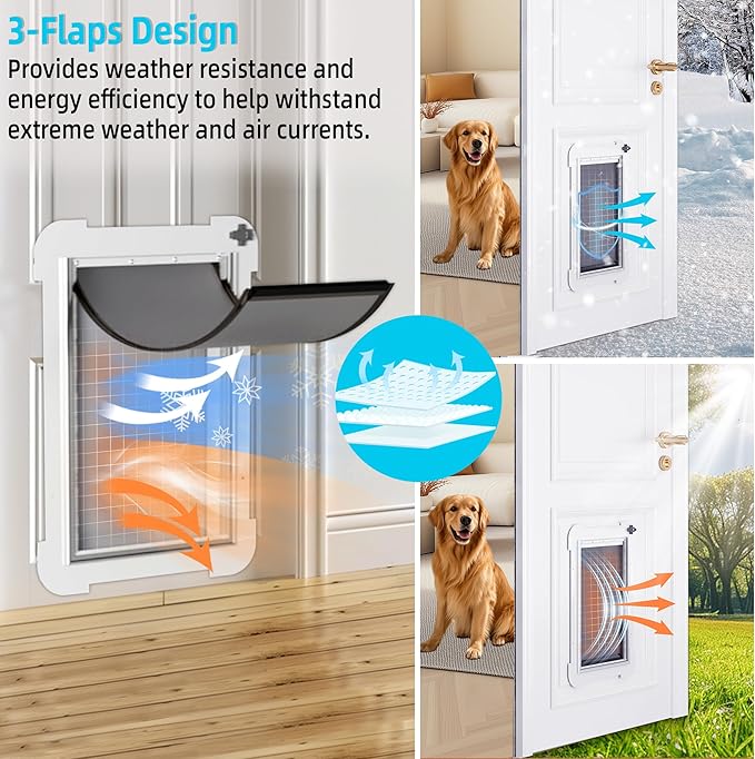 3-Flaps Never Rust Extra Large Dog Door for Door with Sliding Lock Panel, Steel Frame and Telescoping Tunnel, Extreme Weather Durable XL Dog Doors for Door (Pets Up to 220 Lbs)