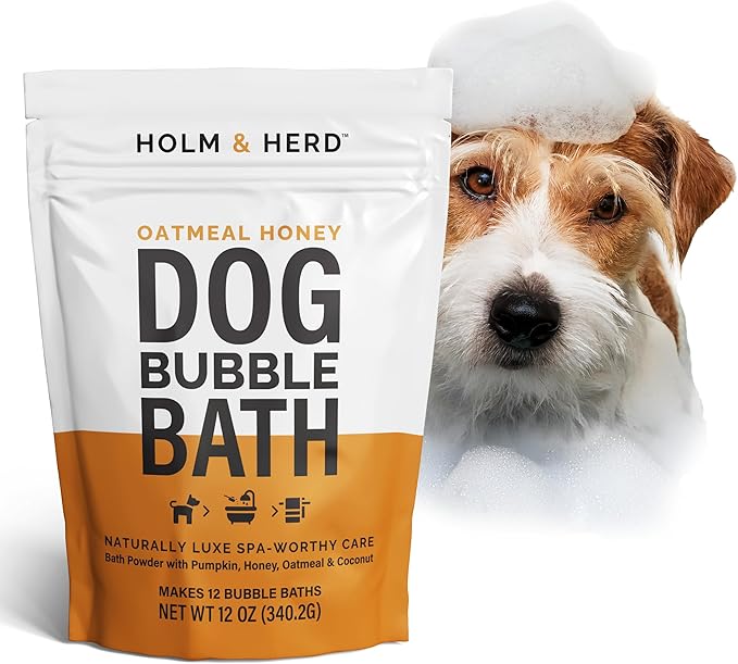 Holm & Herd Oatmeal Honey Dog Care Gift Bundle – 3 Piece Grooming Set with Bubble Bath Shampoo, Deodorizing Spray & Serum – Soothing Dog Gift for Sensitive Skin (Oatmeal Honey)