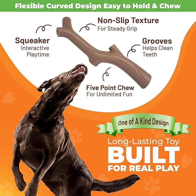 Natural Rubber Durable Dog Toys for Large & Medium Dogs Brown Bacon Flavored Curved Branch Shape Tough Chew Toy for Dogs Safe Tested & Non-Toxic Squeak Dog Toys (Brown)
