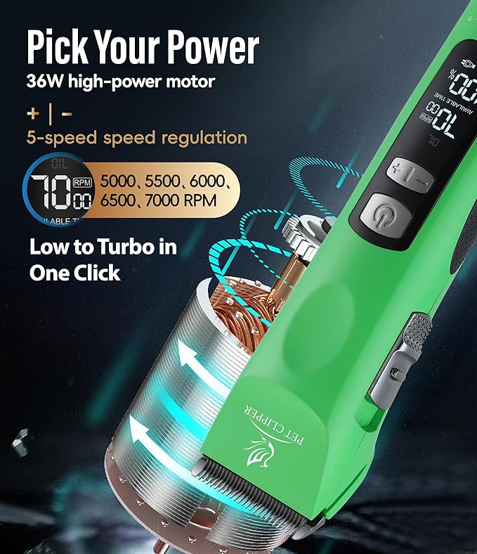 Professional Dog Grooming Clippers with 17H Runtime & Replaceable 440C Blade, 5-Speed Low Noise Electric Dog Shaver for Thick, Matted, Curly Hair, Cordless Clipper for Groomer & Home Use, Green