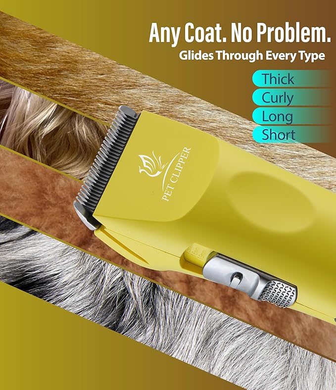 Professional Dog Grooming Clippers with 17H Runtime & Replaceable 440C Blade, 5-Speed Low Noise Electric Dog Shaver for Thick, Matted, Curly Hair, Cordless Clipper for Groomer & Home Use, Yellow